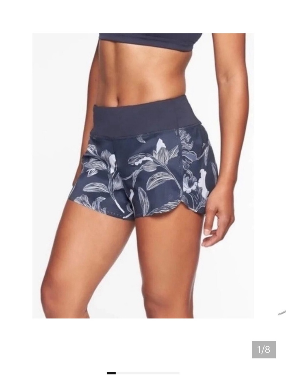 Athleta Navy Floral Print Athletic Shorts with Dotted Trim